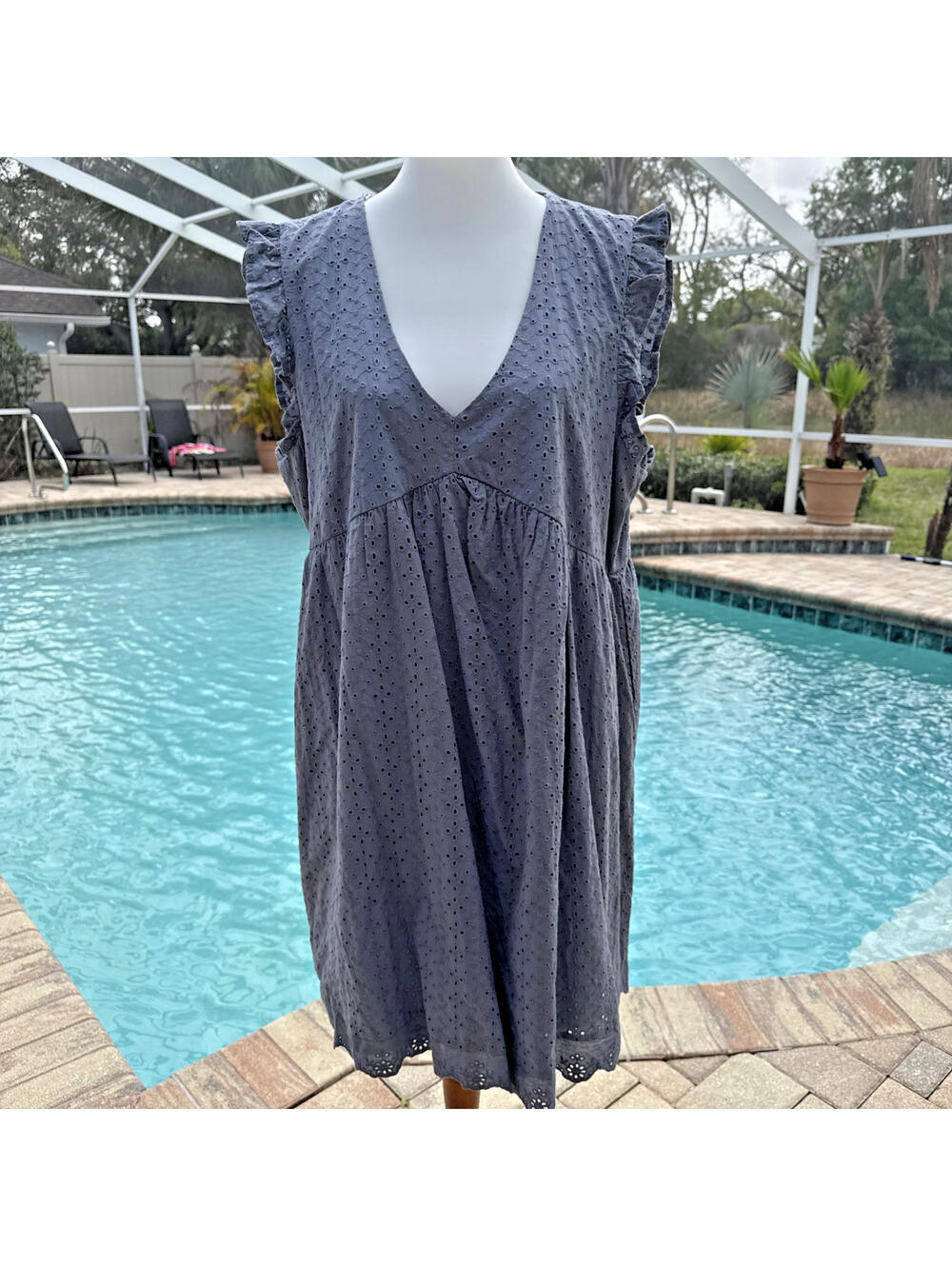 Boho Cottage Core Cornflower Blue Eyelet Sleeveless Knox Rose V Neck Dress XL